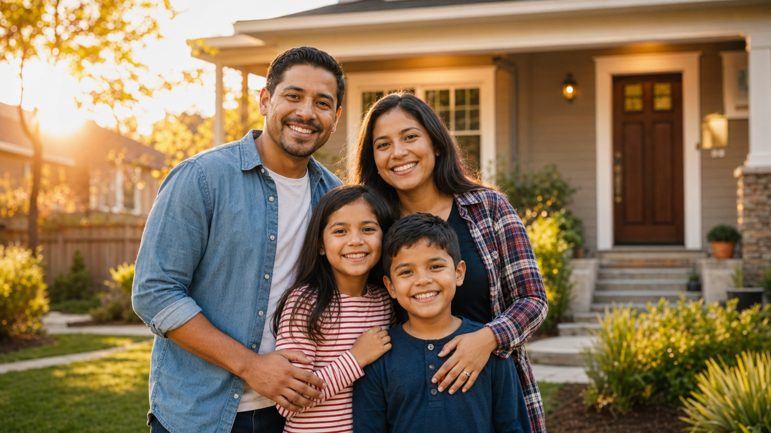 Family in front of their new home